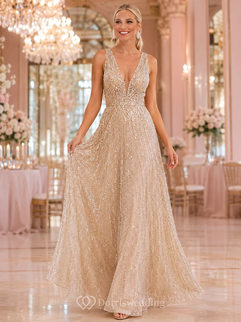 Champagnerfarbenes, paillettenbesetztes und perlenbesetztes A-Linien-Abendkleid mit V-Ausschnitt, perfekt für Prominente