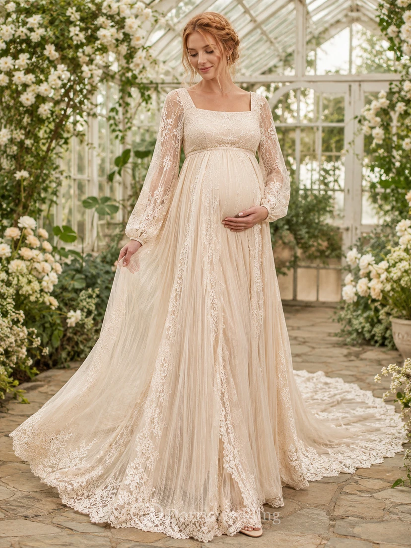 Maternity Wedding Dress Square Neck Bell Sleeve Lace Garden Bridal Gown with Train