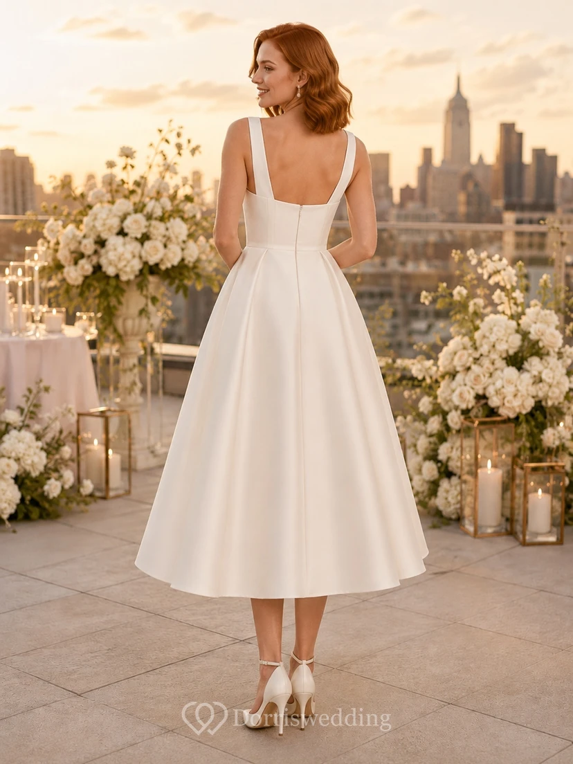 Simple Square Neck Strap Satin A-Line Tea-Length Civil Courthouse Wedding Dress view 2