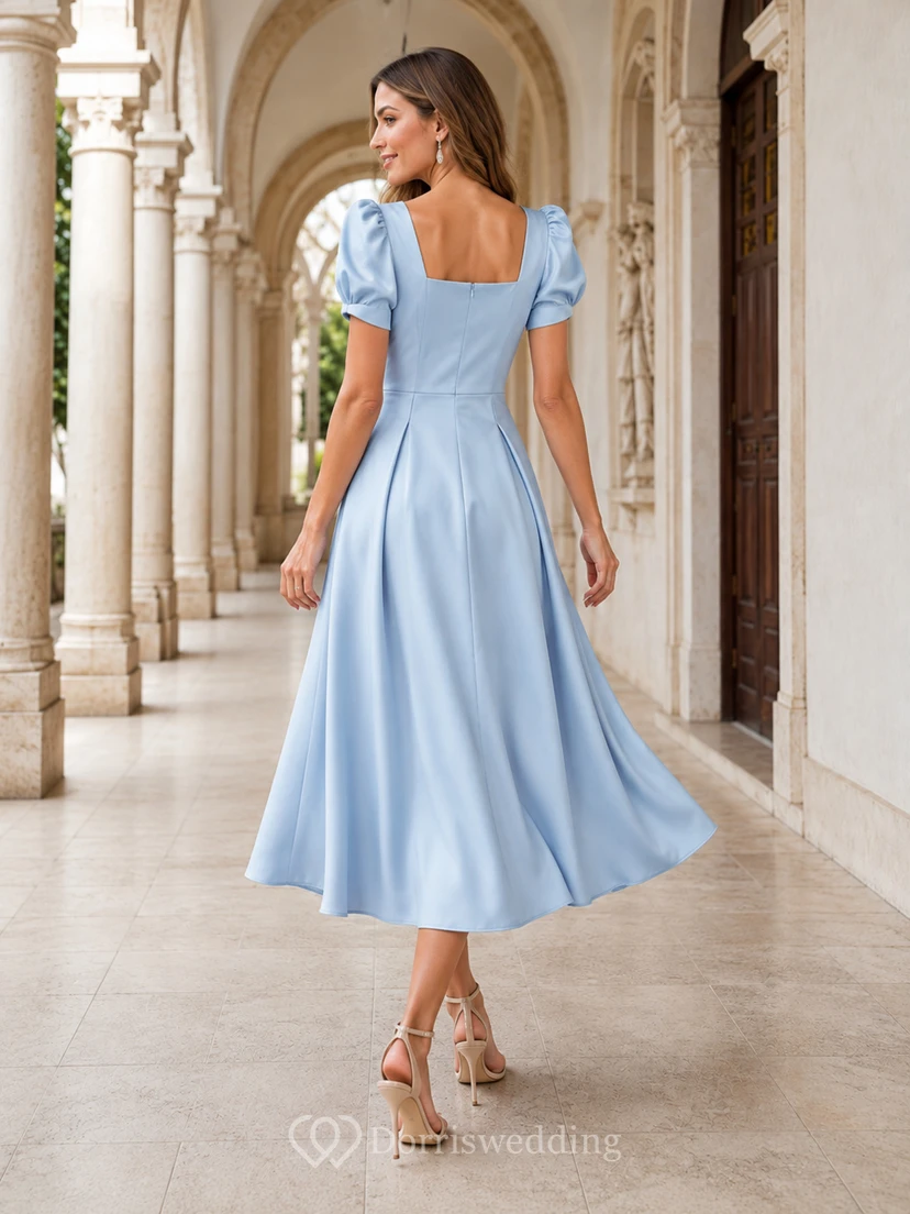 Sky Blue Square Neck Puff Sleeve Pleated Satin A-Line Tea Length Christening Mother Dress view 2