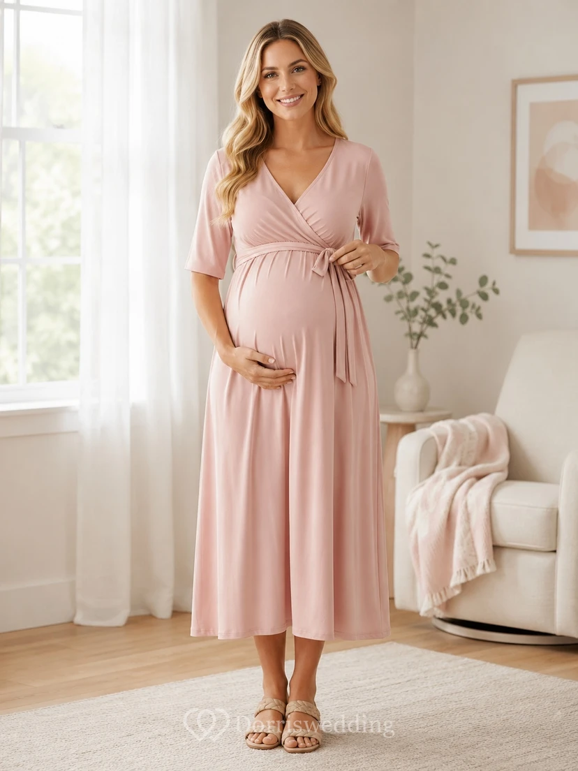 Blush Jersey V-neck Half Sleeve Empire Tea-length Maternity Dress