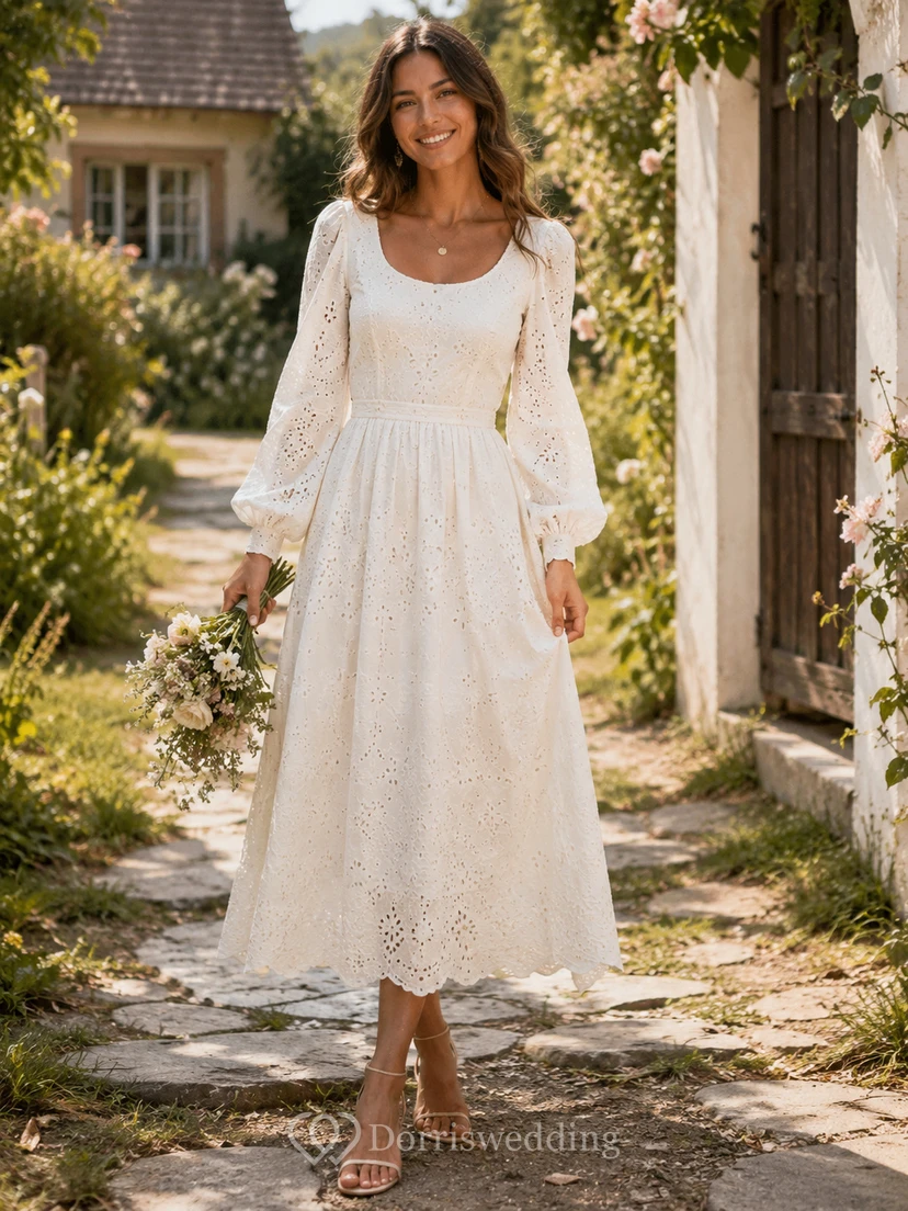 Boho-Brautkleid im Cottagecore-Stil mit Lochstickerei, Rundhalsausschnitt, langen Bischofsärmeln und wadenlangem A-Linien-Rock