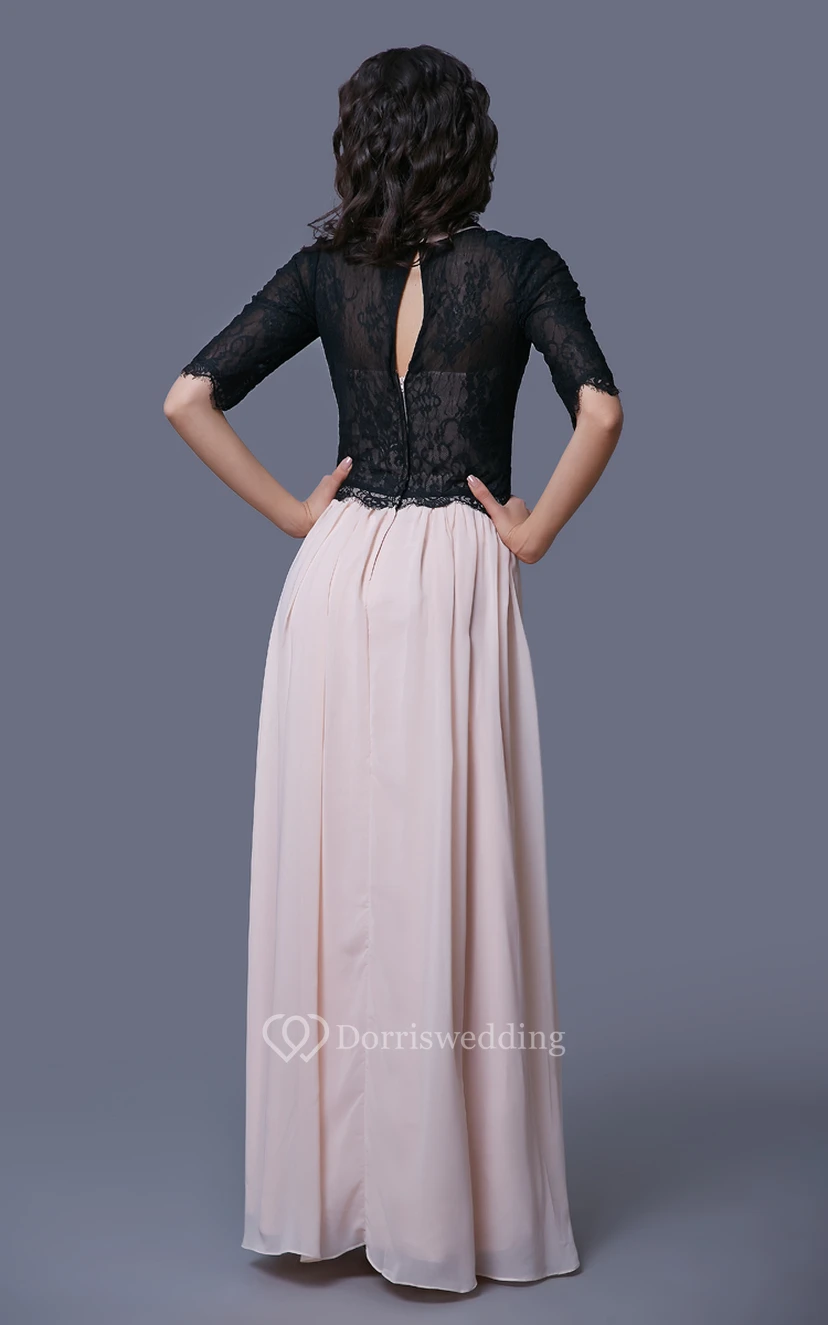 Lace and Chiffon A-Line Floor Length Dress With Half Sleeves and Jeweled Neck view 2