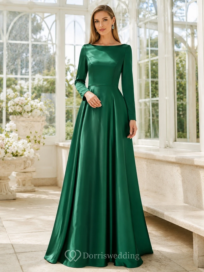 Dark Green Square Neck Long Sleeve Satin Floor-Length Evening Dress