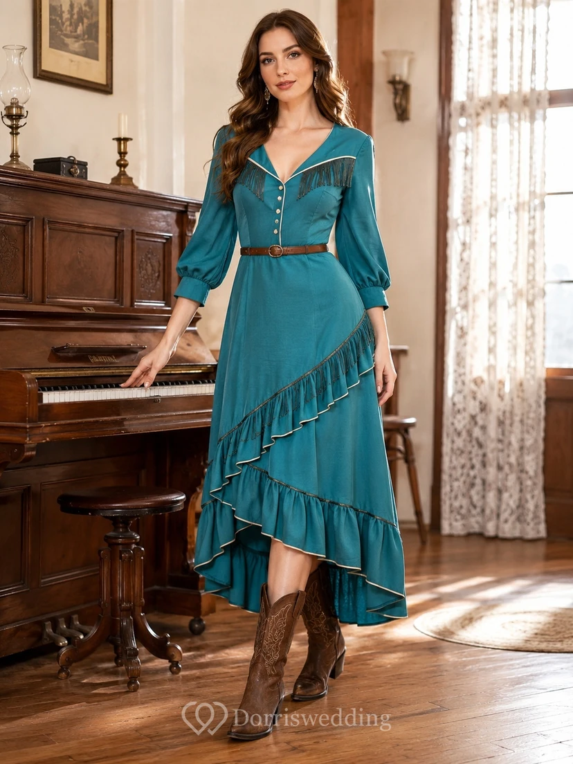 Turquoise Western V-neck Poet Sleeve Asymmetrical A-Line Midi Guest Dress