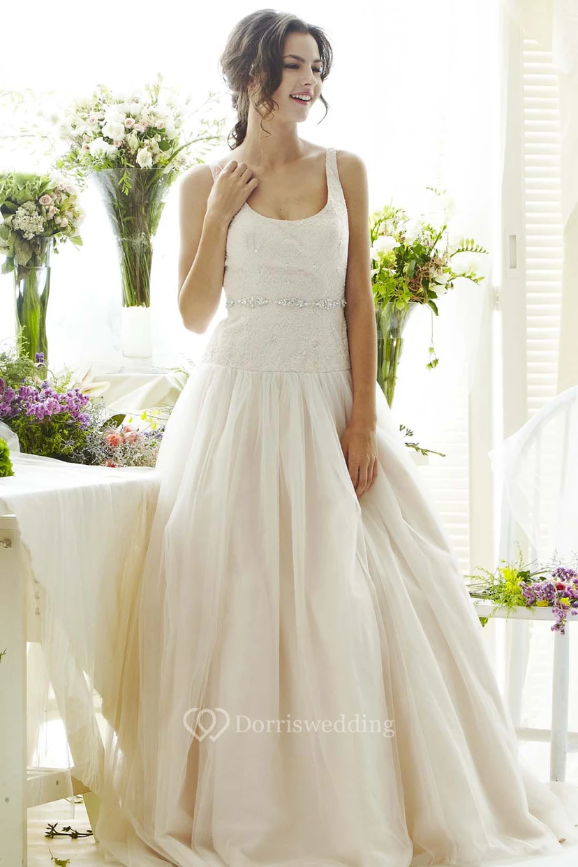 Long Square Jeweled Tulle Wedding Dress With Sweep Train And V Back