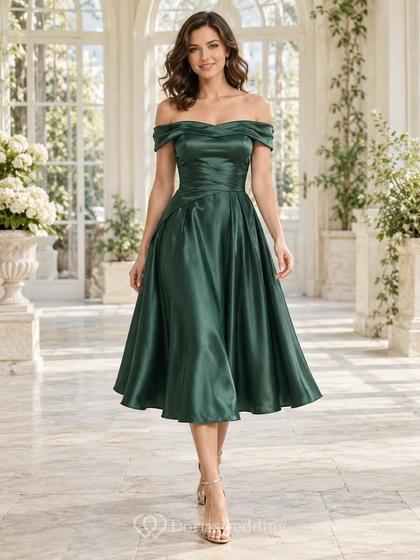 Tea-length Dark Green Off Shoulder Ruched Satin Cocktail Dress