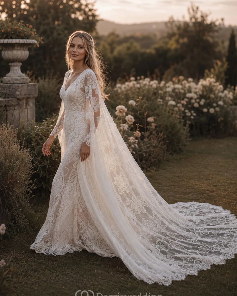 Boho Lace Illusion Flowy Sheath Cape Wedding Dress view 2