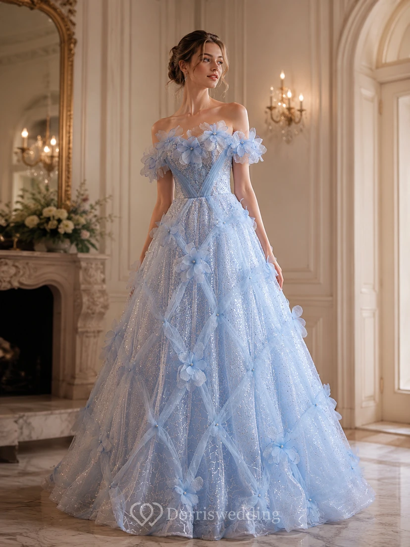 Blue Strapless Sparkling Flower Ball Gown