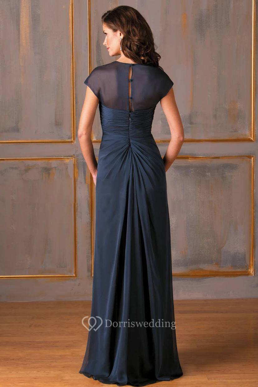 Cap-Sleeved Square-Neck Long Mother Of The Bride Dress With Beadings And Ruches view 2