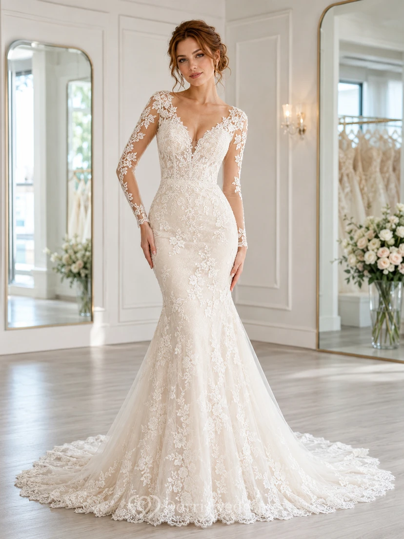 Lace Wedding Dress Mermaid V-Neck Long Sleeve Chapel Train Bridal Gown