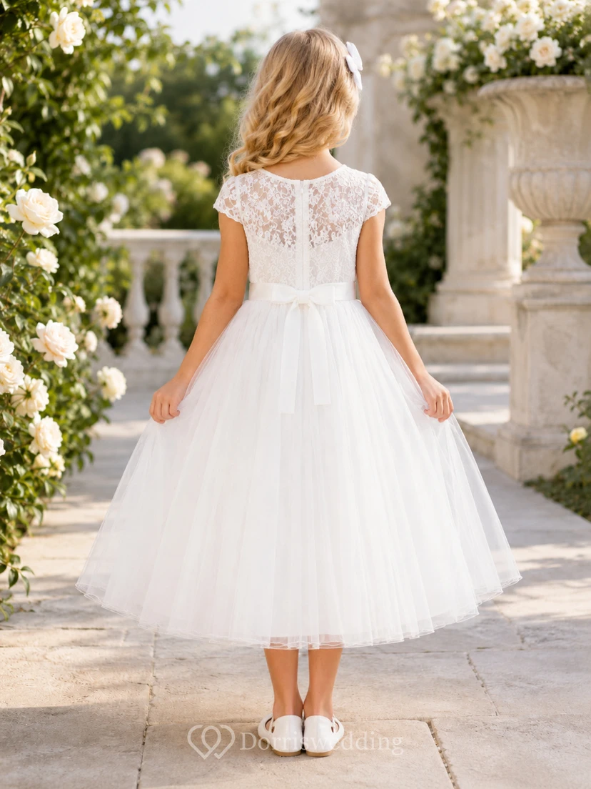 Flower Girl Dress Ivory Lace Tulle A-Line Jewel Neck Tea Length view 2