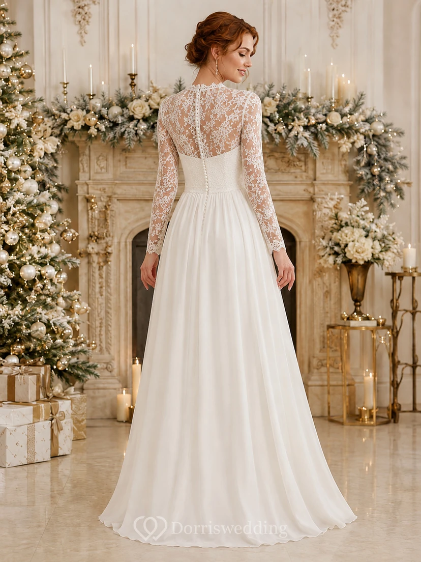 Weißes, hochgeschlossenes, bodenlanges A-Linien-Kleid aus Chiffon mit langen Illusionsärmeln und Spitze view 2