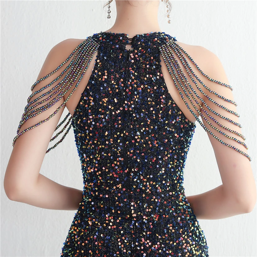 Heavy-Duty Glass Bead Craft Beaded Banquet Evening Dress Temperament Elegant Long Halter Neck Slit Sequins view 57