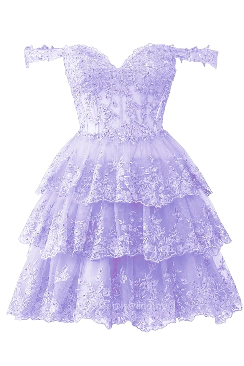 Blue Off-the-Shoulder Short Dress with Lace view 15