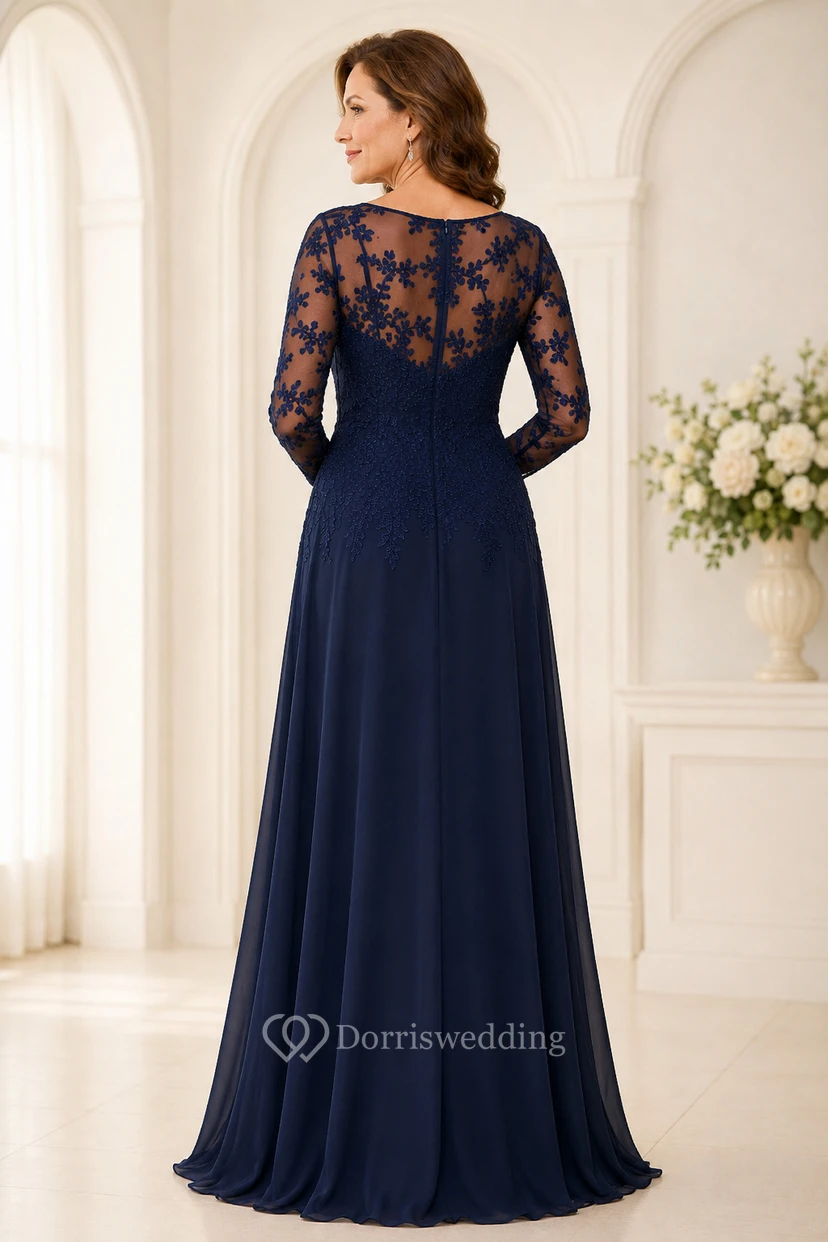 MOB-Kleid Dunkelblauer Chiffon-Spitzen-A-Linien-Langarm-U-Boot-Ausschnitt Bodenlang Plissee view 2
