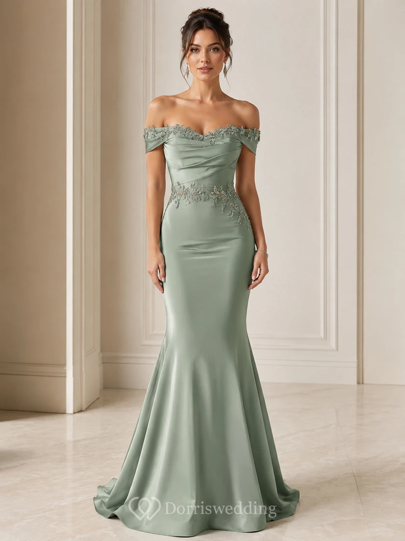 Robe de soirée sirène en dentelle, épaules dénudées, manches courtes et fronces en dentelle, longueur au sol