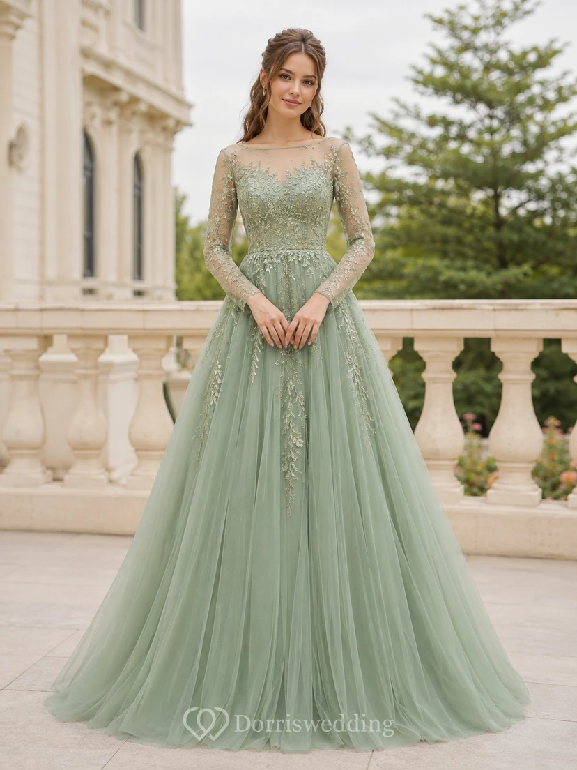 Sage Tulle Lace High-Neck Long-Sleeve A-Line Floor-Length Bridesmaid Dress