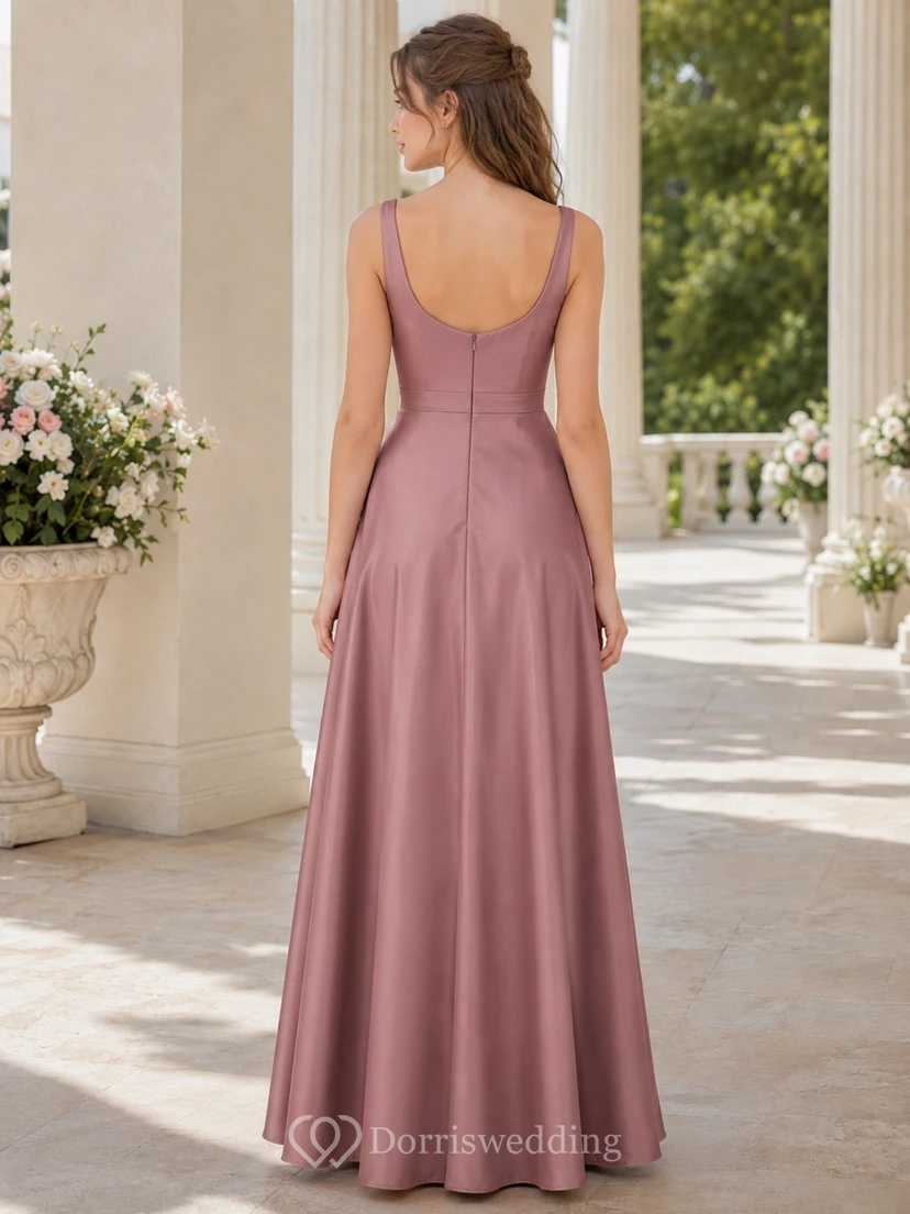 Vestido de dama de honor juvenil color rosa empolvado, corte en A, escote drapeado, sin mangas, satén elegante. view 2