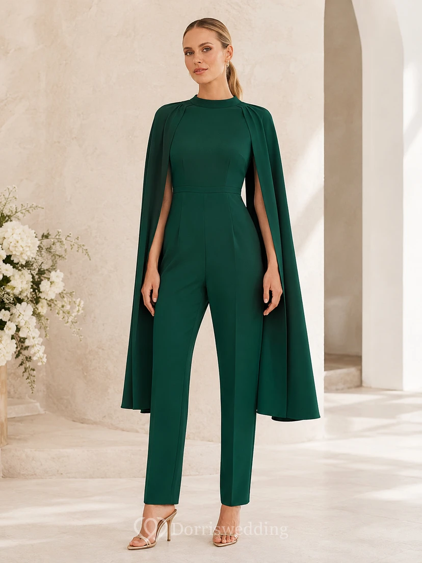 Dark Green High Neck Cape Formal Guest Pantsuit