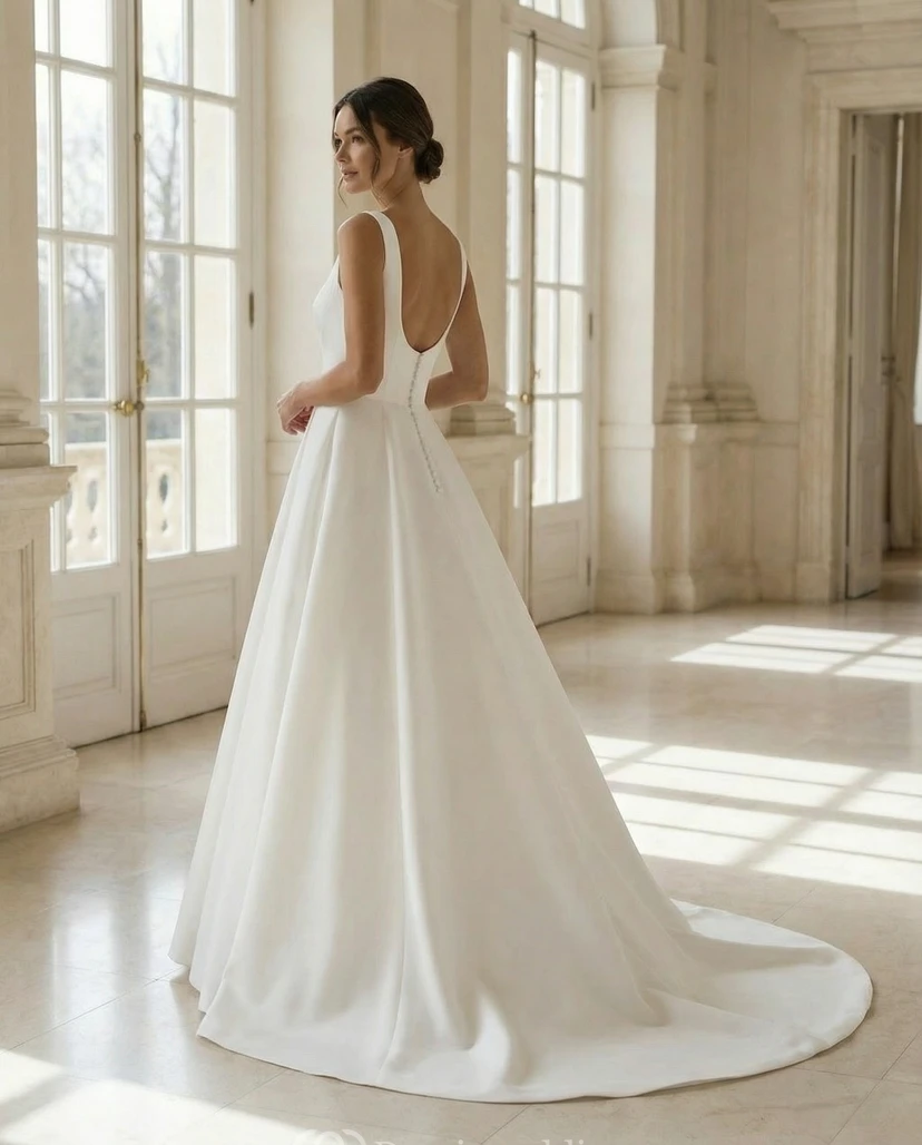 Robe de mariée simple en satin, coupe trapèze, col carré, sans manches, avec traîne view 2
