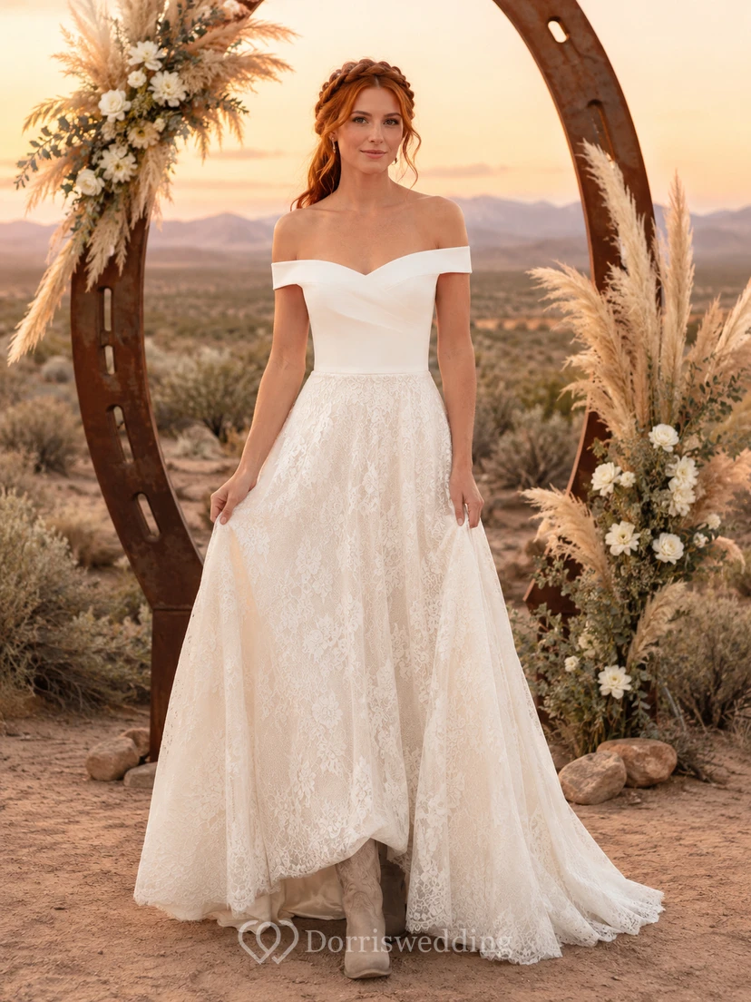 Robe de mariée trapèze en dentelle à épaules dénudées style western rustique