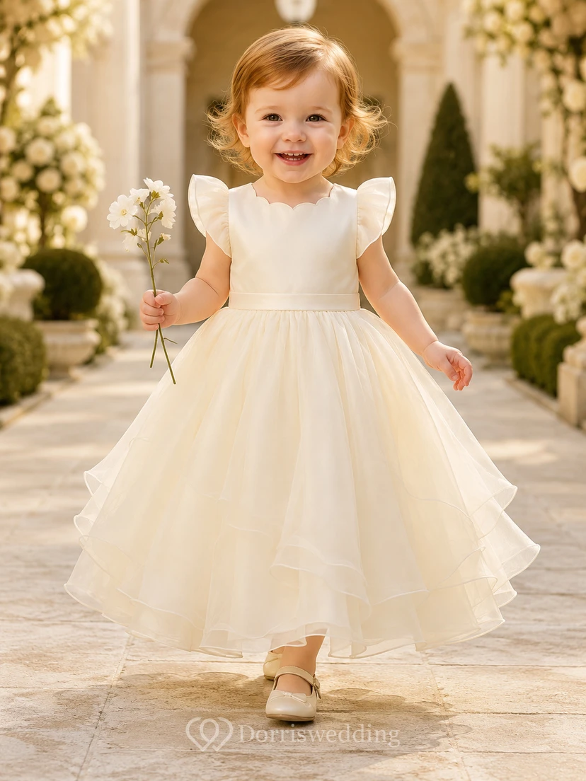 Champagnerfarbenes Satin-Oberteil, Organza-Rock, A-Linien-Kleid mit flatternden Ärmeln – ideal zur Babytaufe.