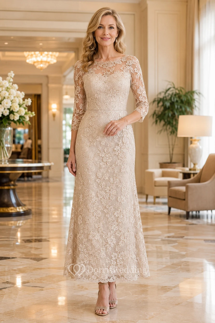 Robe de mère champagne à manches longues en dentelle, longueur thé