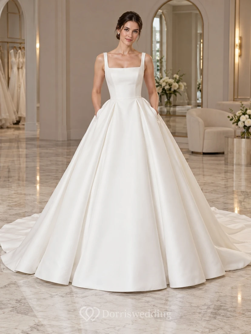 Simple Square Neck Sleeveless Pocket Satin Ball Gown Wedding Dress