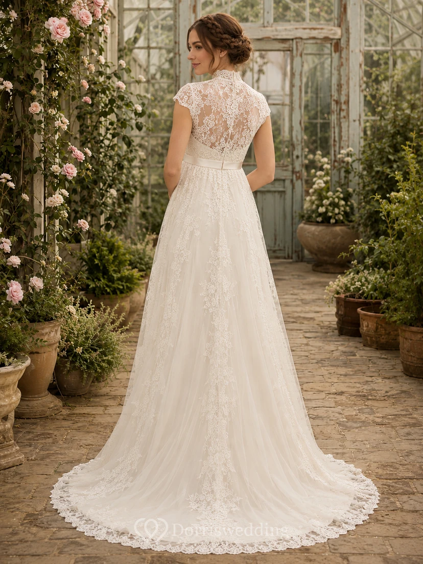 Vestido de novia premamá de cuello alto, manga corta, encaje y tul, estilo jardín, con espalda ilusión. view 2
