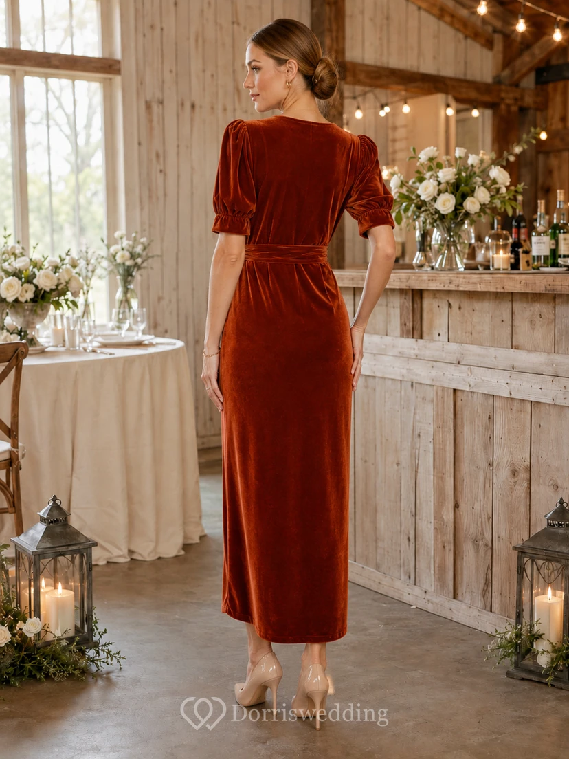 Orange V-Neck Puff Sleeve Ruched Velvet Sheath Midi Wedding Guest Dress view 2