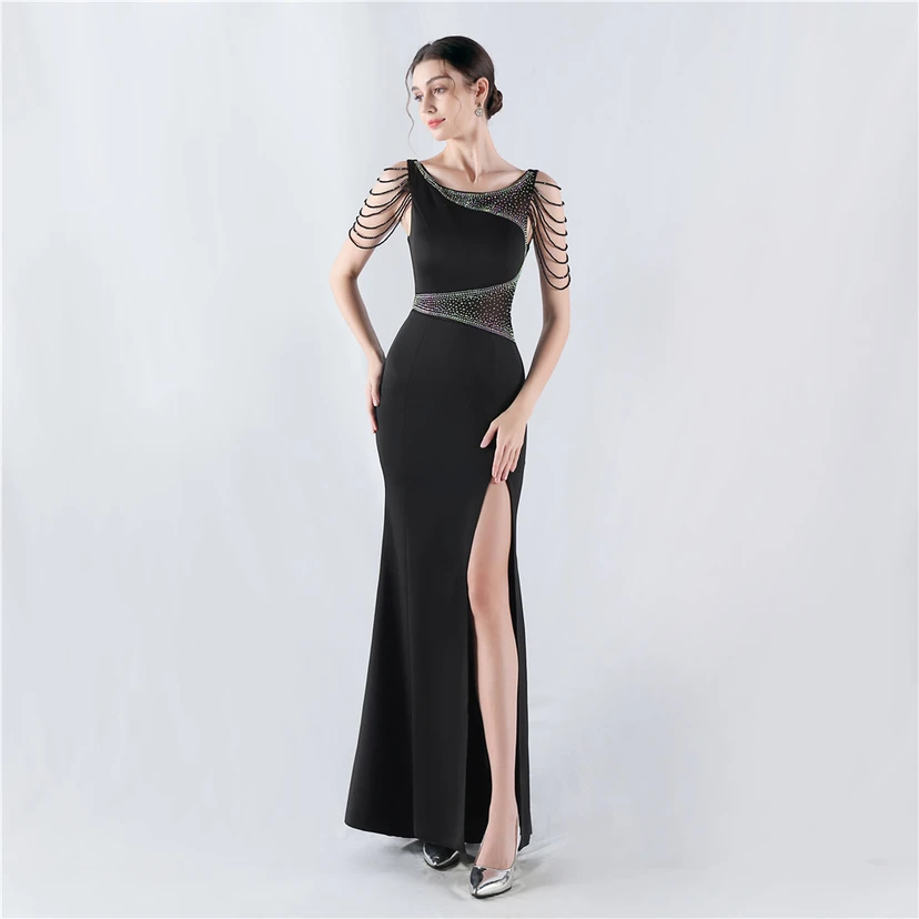 Heavy Hot Diamonds For Transparent Mesh High-Slit Satin Evening Dress Annual Meeting Wedding view 2