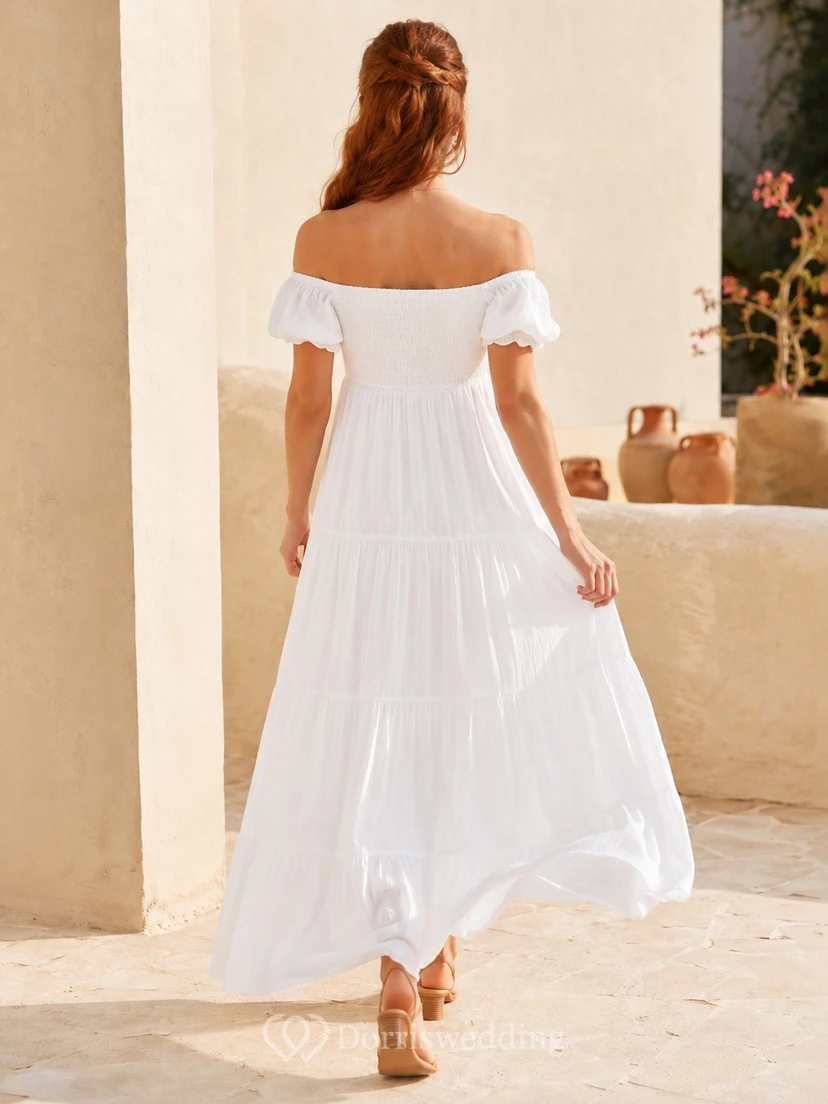 White Chiffon Off-the-Shoulder Short-Sleeve A-Line Tea-Length Bohemian Dress view 2