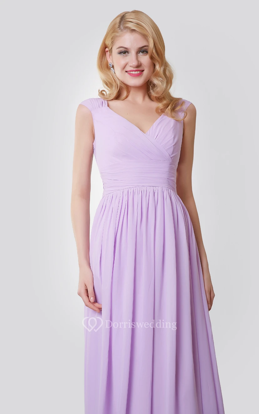 Cap-Sleeved V-Neck Pleated Chiffon Dress With Ruching and Back Bow view 4