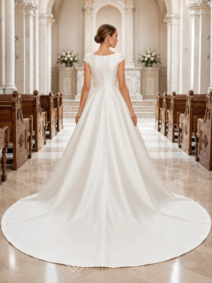 Robe de mariée minimaliste en satin, robe de bal, col en V, sans manches, traîne. view 2