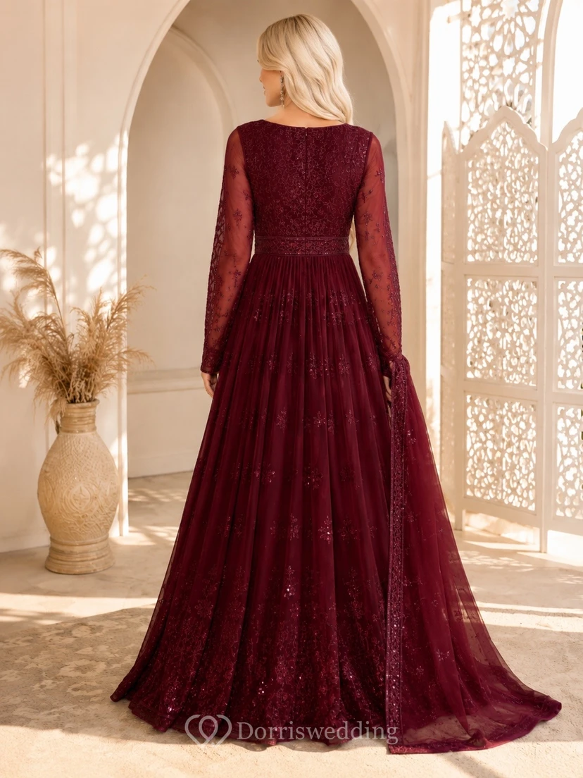 Burgundy Bohemian High-Neck Velvet-Lace Long-Sleeve A-Line Floor-Length Dress view 2