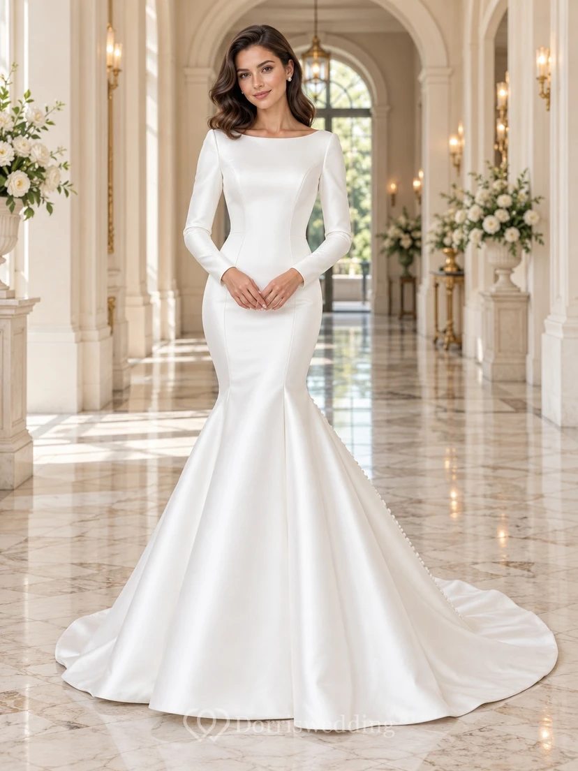 Simple Mermaid Long Sleeve Bateau Neck Satin Button Wedding Dress