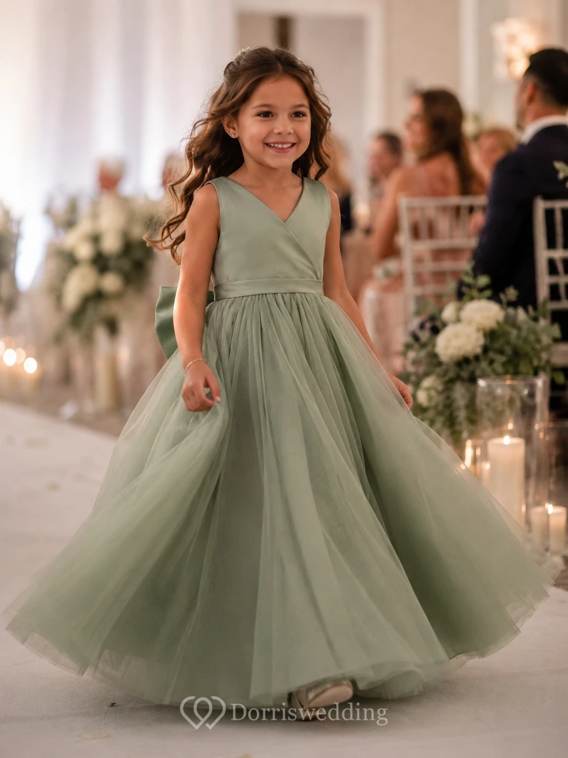 Water Melon V-neck Sleeveless A-line Tulle Pleated Flowergirl Dress view 10