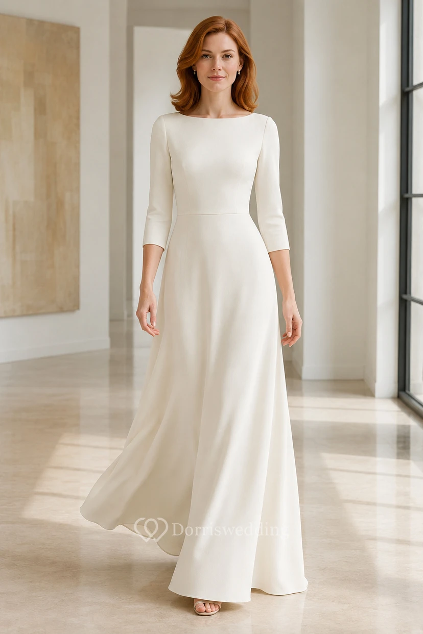 Abendkleid aus elfenbeinfarbenem Chiffon-Jersey, A-Linie, U-Boot-Ausschnitt, 3/4-Ärmel, bodenlang