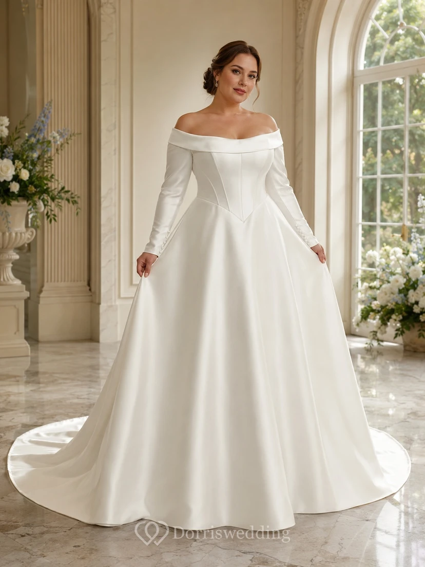 Plus Size Langarm-Brautkleid aus Satin mit schulterfreiem Ausschnitt und taillierter Silhouette