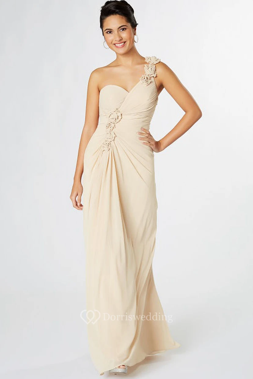 Sheath Sleeveless One-Shoulder Floral Chiffon Bridesmaid Dress view 3