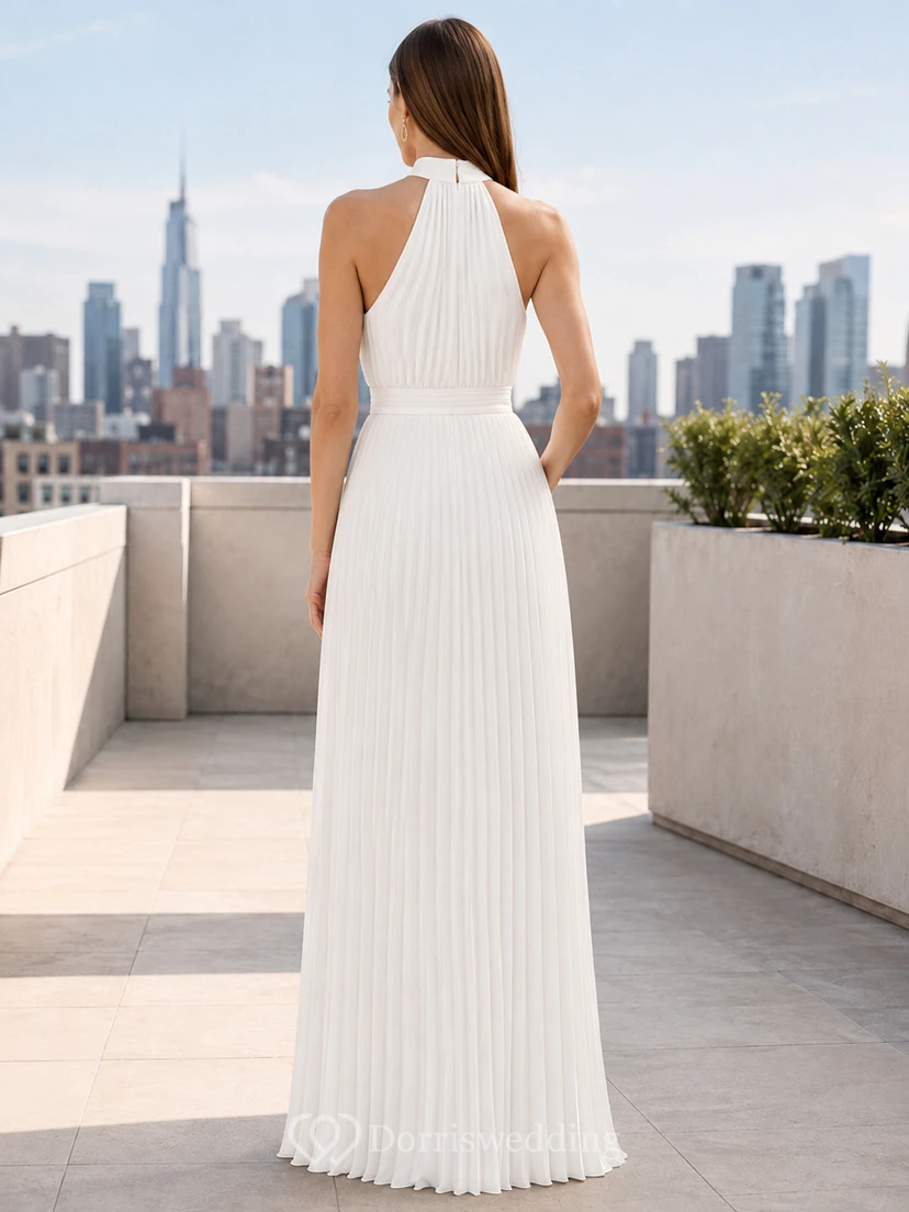Weißes, trägerloses, hochgeschlossenes, plissiertes Chiffon-Abendkleid in A-Linie für festliche Anlässe view 2
