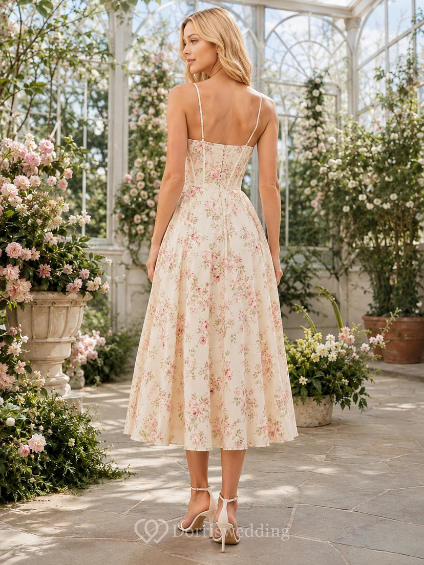 Light Floral Corset Bodice Spaghetti Strap Midi Dress view 2