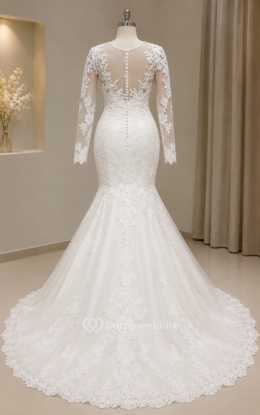 White Plus Size Long Sleeve Lace Mermaid Wedding Dress view 7