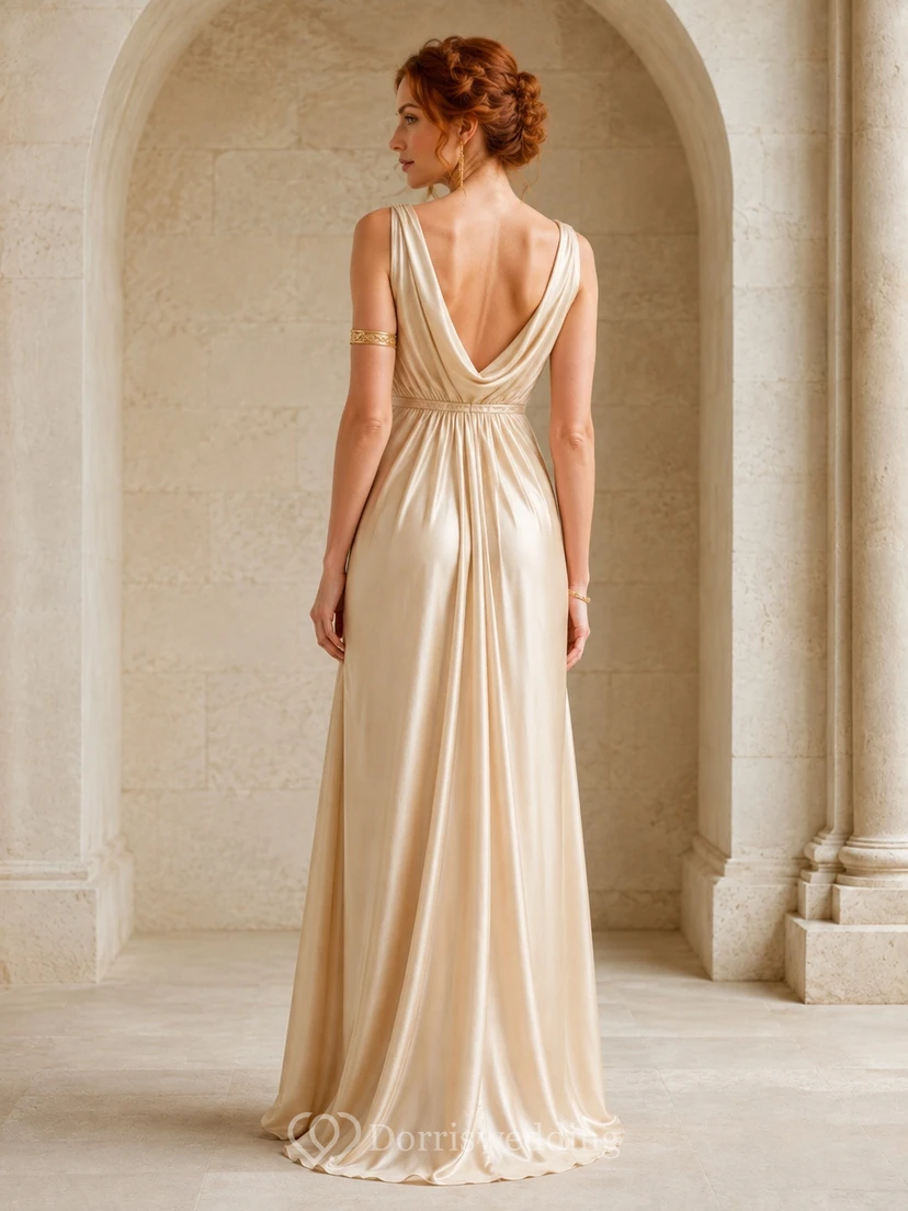 Champagne Cowl Neck Jersey Sheath Floor-Length Split Grecian Evening Dress view 2