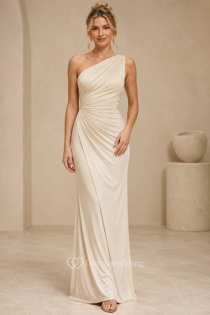 Evening Gown Ivory Jersey Sheath One Shoulder Sleeveless Ruched Floor Length