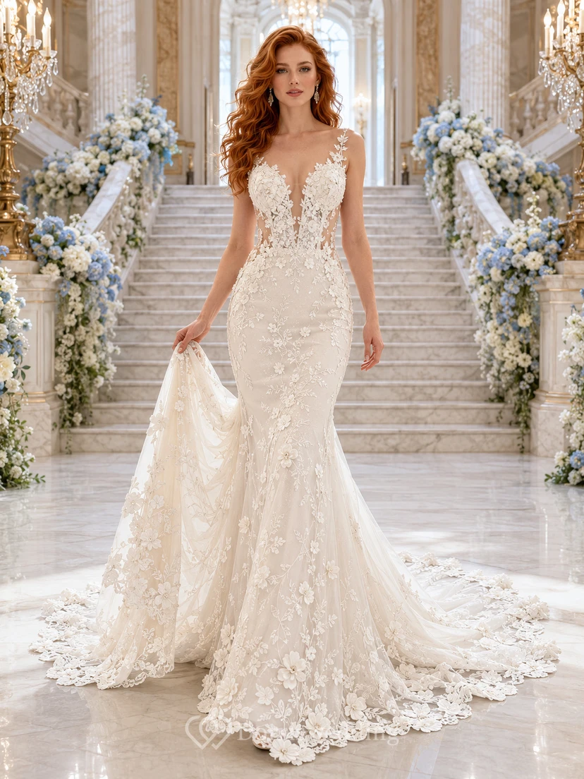 Vestido de novia de salón de baile con cola larga y apliques florales de espagueti