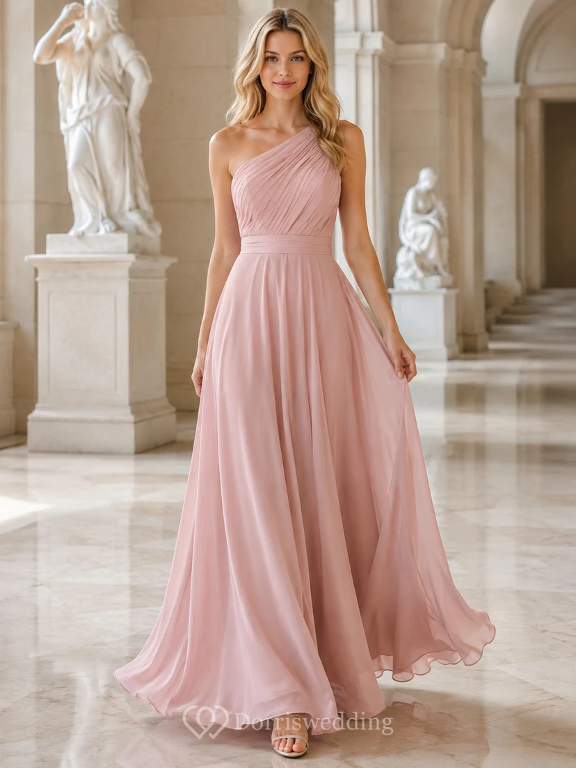 Museum Formal Blush Simple Romantic A-Line Chiffon Bridesmaid Dress with One-Shoulder Sleeveless Floor-Length Draped Open Back