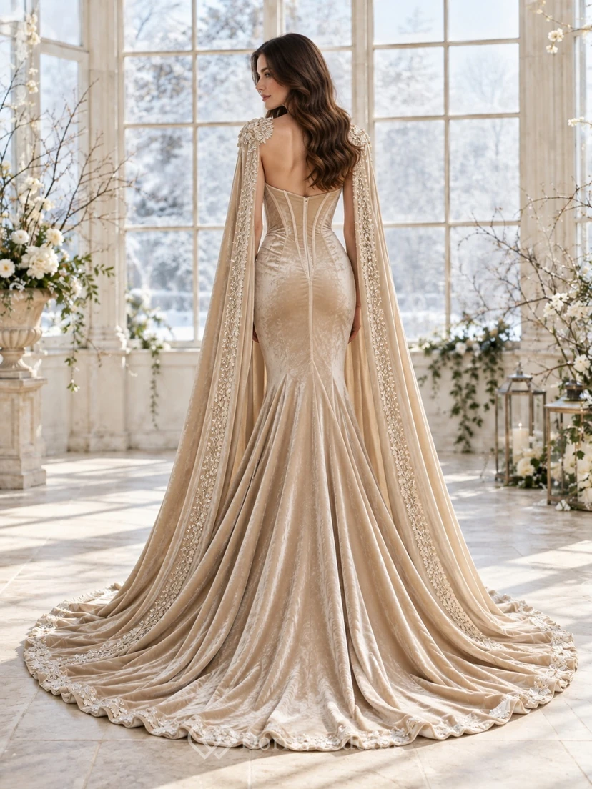 Vestido de novia de invierno estilo sirena color champán con escote corazón, corpiño de terciopelo con paneles y capa con cuentas. view 2