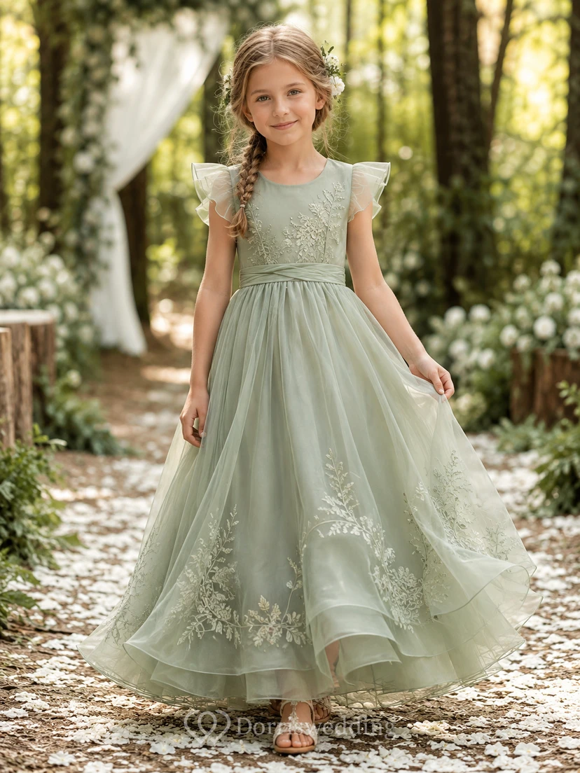 Blumenmädchenkleid aus salbeifarbener Spitze und Tüll, A-Linie, Rundhalsausschnitt, Teelänge